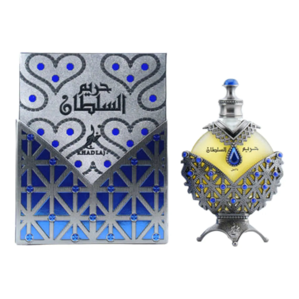 Hareem Al Sultan Blue 35ml by Khadlaj – elegant long lasting fruity floral perfume with notes of citrus, jasmine, musk, and amber in a luxurious bottle.